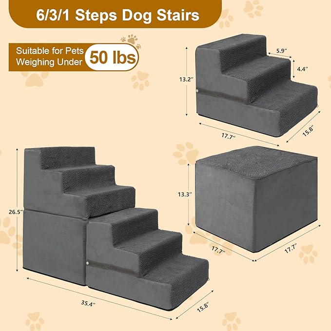 Dog Stairs for Small Dogs, 6-Step Dog Steps for High Bed, High-Density Foam Pet Stairs with Non-Slip Removable Washable Cover to Get on Bed
