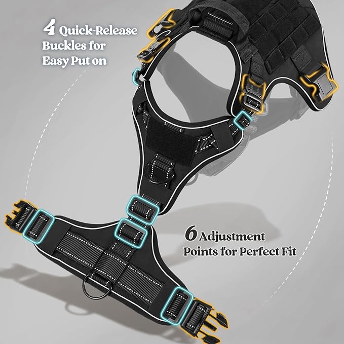rabbitgoo Tactical Dog Harness Medium Sized, No Pull Upgraded Reflective Heavy Duty Molle Vest with Handle, Adjustable Military Service Dog Vest for Walking Hiking Training, Black, M