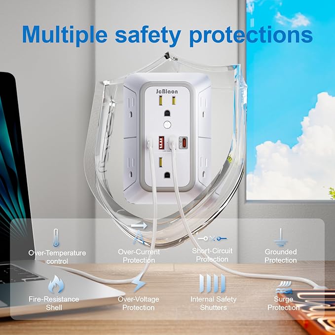 JcBlaon Surge Protector Outlet Extender 6 Outlet Extender with 4 USB Ports (PD 30W), 3 Sided 1050J Multi Plug Wall Adapter Power Strip for Home Travel Office Essentials