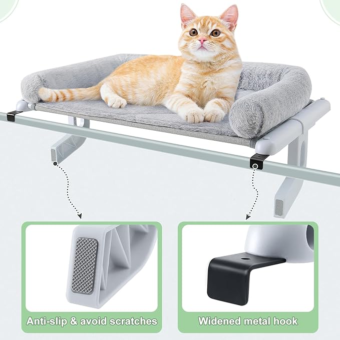 Sunhoo Cat Window Perch Hammock Sturdy Windowsill Bed Seat for Large Cats No Drilling No Suction Adjustable Kitty Shelf with Washable Cover Easy Assembly Holds up to 40 lbs 22.05 * 15 in (Grey, S)