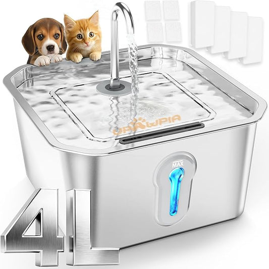 4L/135oz Large Cat Water Fountain Stainless Steel with 4 Filters Pet Water Fountain for Cats Quiet Indoor Pets Dog Small Animal Automatic Dog Water Dispenser for Drinking Watering Supplies