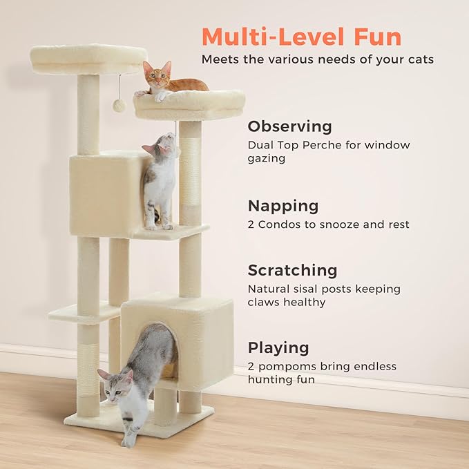 Cat Tree, 52.4 Inch Multi-Level Cat Tower for Indoor Cats with Dual Padded Top Perches, 2 Condos & Scratching Posts, Plush Cat Furniture for Kittens and Medium Cats, Beige