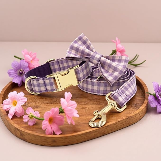 PETDURO Personalized Dog Collar Purple Gingham Plaid for Large Medium Dogs | Engraved Name and Phone Number on Gold Metal Buckle for Girls | Add Leash & Bow Tie via Customize Now