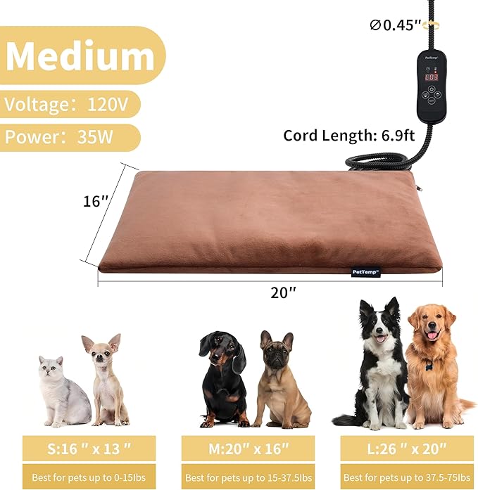 Pet Heating Pad for Cats and Dogs, Heated Cat Bed & Dog Heating Pad with 5 Temperature Levels, Waterproof Heated Pet Mat with Timer, Auto Power-Off and Chew Resistant Cord, 20'' x 16''