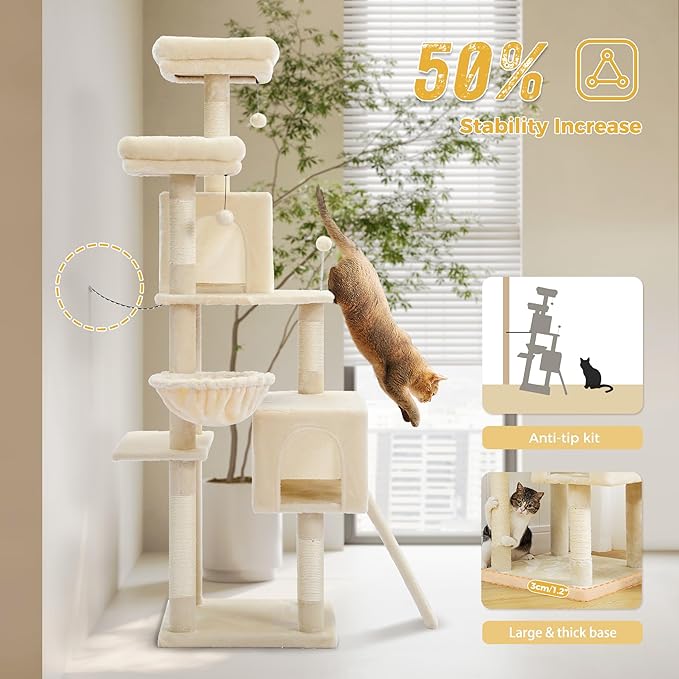 64-Inch Large Cat Tree for Indoor Cats, Multi-Level Tall Cat Tower with 2 Soft Top Perches, 2 Caves, 5 Sisal Scratching Posts, 2-in-1 Scratching Ramp, 1 Hammock & 3 Pompoms, Beige