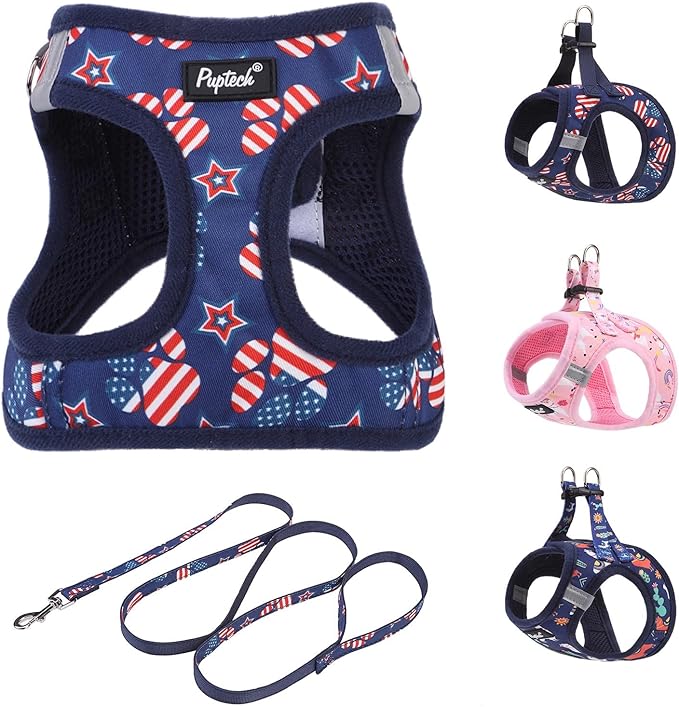 PUPTECK Dog Harness and Leash Set for Small Medium Dogs No Pull Step-in Soft Mesh Puppy Cat Vest Harnesses Reflective at Night, Stars and Strips, Blue, M