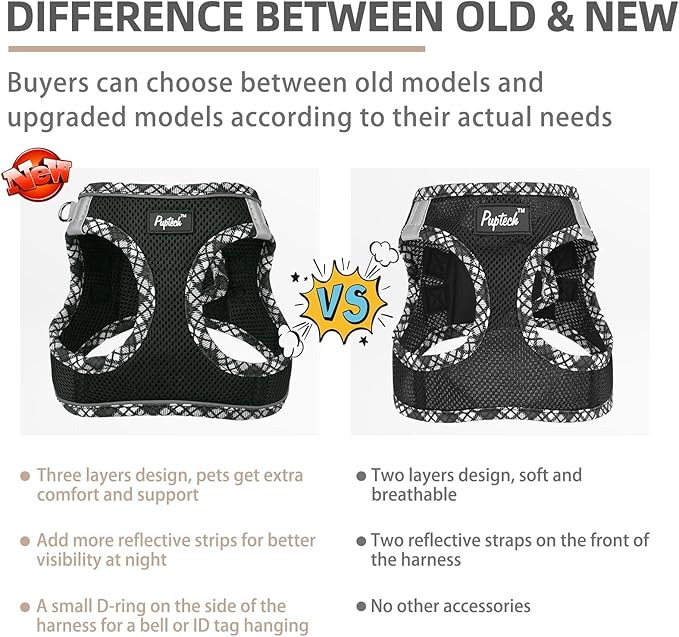 PUPTECK Dog Harness and Leash Set for Small Medium Dogs No Pull Step-in Soft Mesh Puppy Cat Vest Harnesses Reflective at Night, Upgraded New Black XS