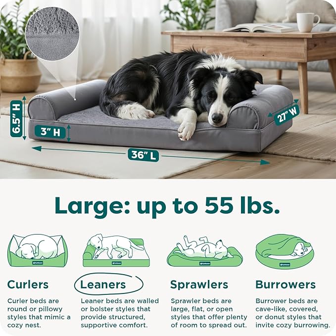 Furhaven Orthopedic Dog Bed for Large/Medium Dogs w/ Removable Bolsters & Washable Cover, For Dogs Up to 55 lbs - Plush & Suede Sofa - Gray, Large