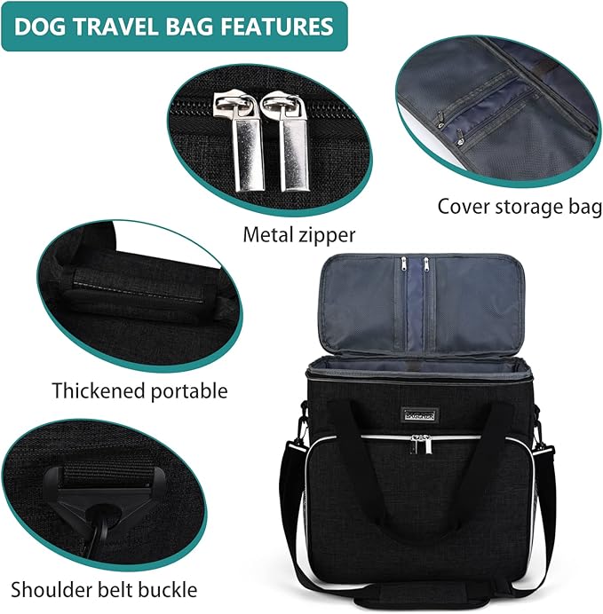 BAGLHER Dog Travel Bag, Pet Travel Bag (All Pet Travel Supplies), with 2 Pet Food Containers and 2 Collapsible Silicone Bowls; Essential Kits for Travel Black