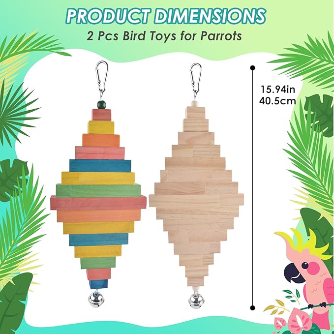 2 Pcs Large Bird Toys, Colorful Natural Wood Block Parrot Chew Sticks Toy with Bell for Amazon, African Greys, Eclectus Parrots, Macaws Chewing Tearing
