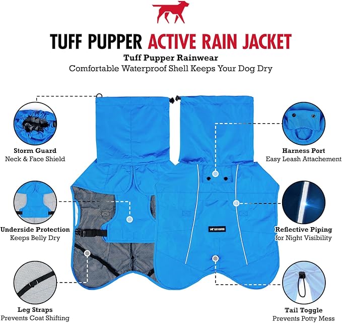 Tuff Pupper Waterproof Dog Raincoat | Full-Body Windproof Rain Jacket for Dogs | Reflective Strips | Breathable Mesh Lining | Adjustable Fit | Leash Port | Small Medium Large XL XXL Dogs (Blue, S)