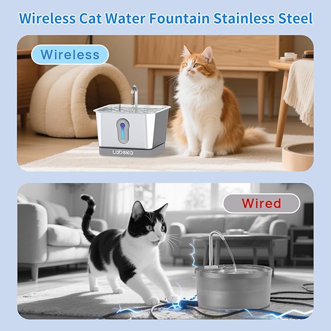 Stainless Steel Cat Water Fountain 135oz/4L:Battery Operated Wireless Cat Fountains for Drinking Indoor, Automatic Pet Water Dispenser with Ultra Quiet Pump,Multi-Filtration(2Filters)