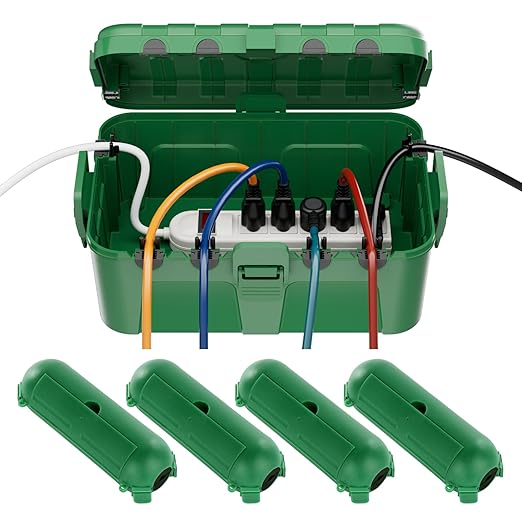 RESTMO 5-Piece Outdoor Waterproof Electrical Box Set – 12.5" x 8.5" x 5" Large & 7.1" x 2.3" x 2.3" Small, Weatherproof Boxes for Power Strip, Outlet, Plug, Socket, Timer, Holiday Light, Green