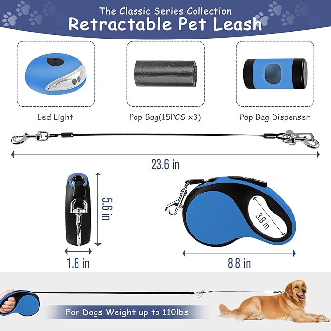 26Ft Retractable Dog Leash - for Dog Up to 110lbs, Tangle Free Walking Leash with Chew Proof Cable | LED Light | Dispenser | Poop Bags, Quick Lock Braking & Non-Slip Handle (Blue)