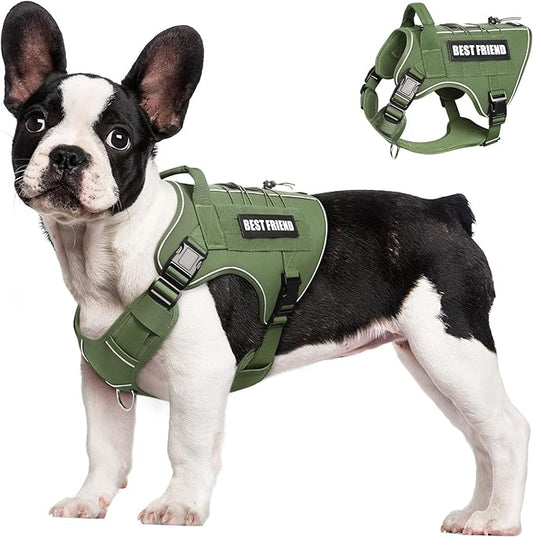 Tactical Dog Harness Small Sized Dog,No Pull Military Dog Vest with Handle,Reflective Heavy Duty Pet Harness for Walking Hiking Training Green S