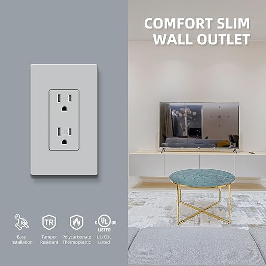 Gray Decorator Wall Recetpacle Outlet, 15 Amp Decor Standard Electrical Wall Socket, 2 Pole 3 Wire, Residential and Commercial Use, UL Listed, 10 Pack