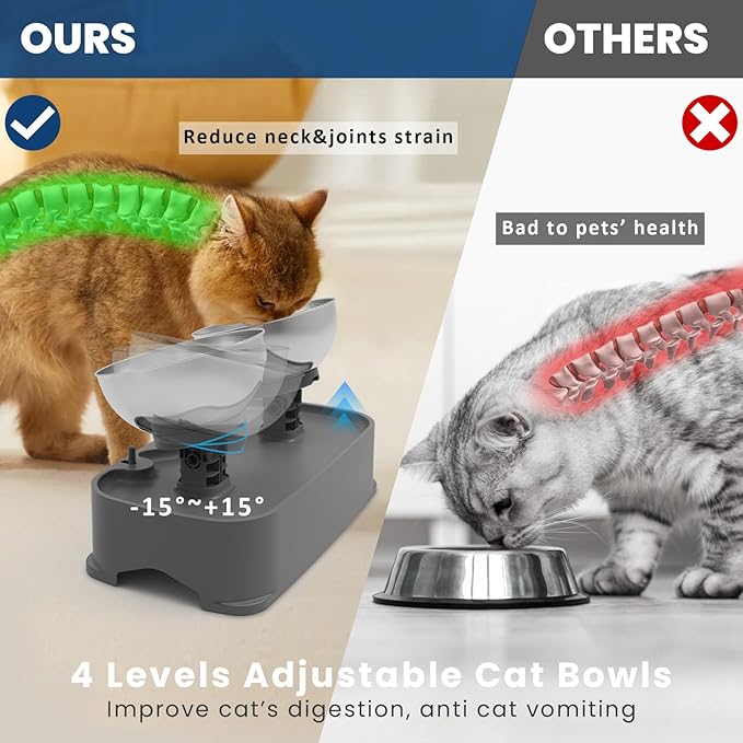 Elevated Cat Bowls, 4 Height Adjustable Cat Food Bowl Stainless Steel, Raised Dog Cats Bowls Elevated Pet Food and Water Bowl, Non-Slip Tilted Pet Feeder Anti Spill for All Cats Puppies