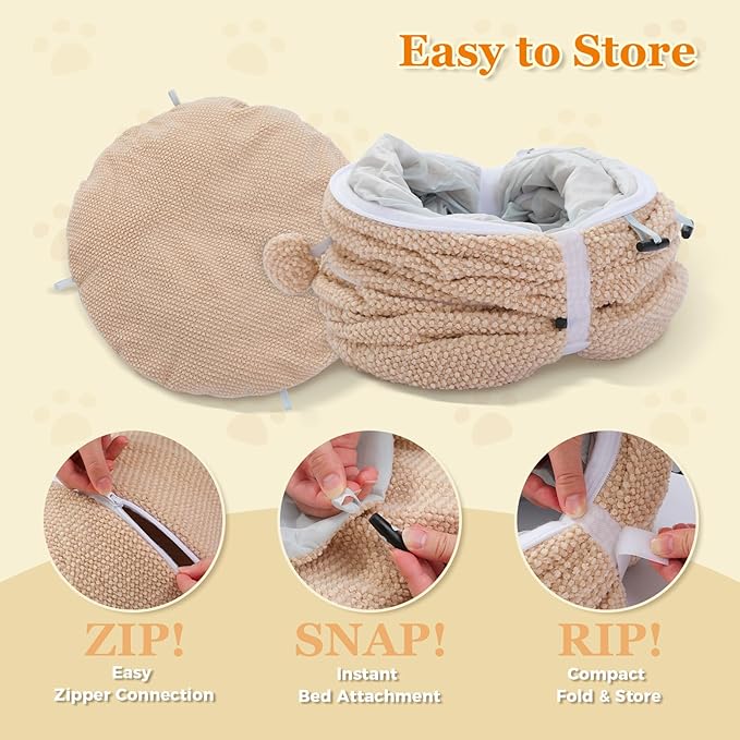 PEQULTI Cat Donut Tunnel with Bed for Indoor Cats, Cat Play Tunnel with Washable Soft Plush Mat, Round Tube Toys Cute Tube for Kittens, Puppies, Rabbits and Ferrets, Beige