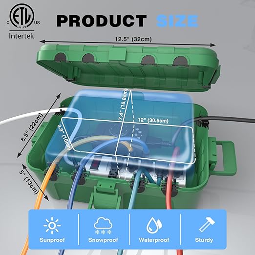 Flemoon IP54 Waterproof Electrical Box, Outdoor Plug Cover Weatherproof, for Outdoor Outlet, Timer, Extension Cord, Power Strip, String Light, Green