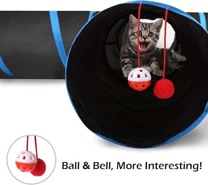 Pawaboo Cat Toys - 4 Way Cat Tunnel, Tube & Play Tent, 25x53cm, Extensible, Interactive Maze with Balls & Bells for Kitten & Small Animal, Blue