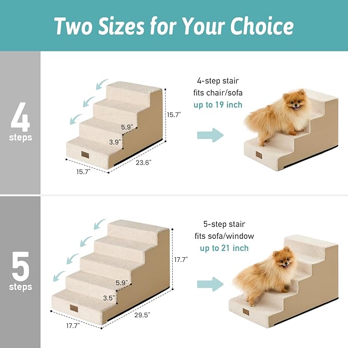 Dog Stairs for Small Dogs 17.7" H, 5-Step Gentle Incline Pet Step for Couch and Beds, Right-Angle Dog Ramp for Puppy Doggie Senior Cats, 17.7x29.5x17.7 Inch, Beige