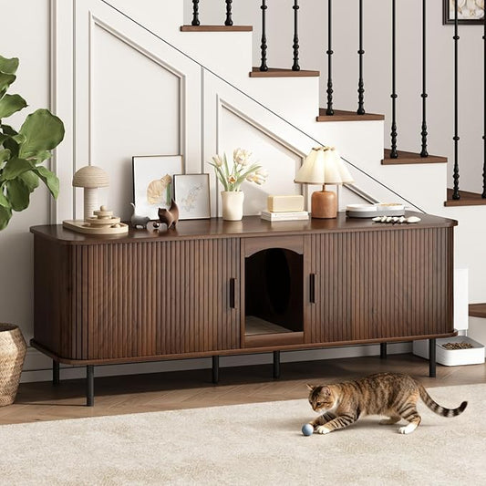Double Cat Litter Box Enclosure Furniture, 59" Large Hidden Litter Box Furniture with Scratching Pad, Wood Pet House for 2 Cats, Indoor Modern Cabinet TV Stand for Living Room, Walnut