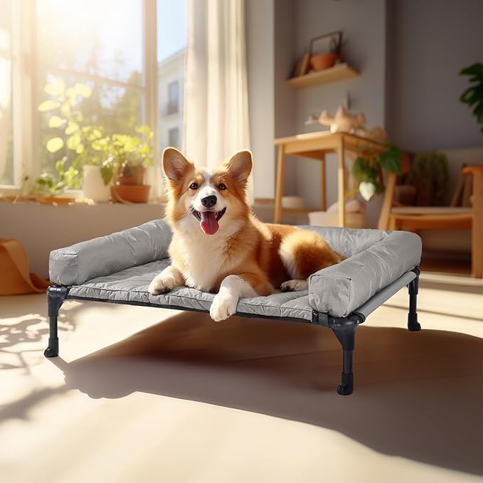 Veehoo Cooling Elevated Dog Bed Add Removable Waterproof Bolster Cushion Mat, Raised Pet Cot with Breathable Teslin Mesh, No-Slip Feet, Dog Couch Bed for Indoor Outdoor, 32x25inches, Grey, CWC2331B