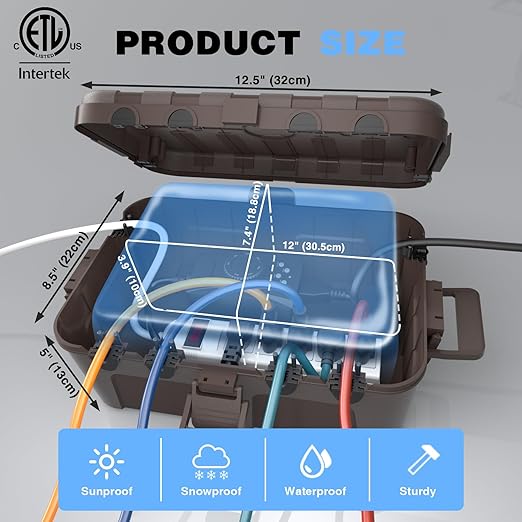 Flemoon Outdoor Electrical Box Waterproof, IP54 Waterproof Extension Cord Cover, Protect Outlet, Plug, Socket, Timer, Power Strip, Holiday Light, Large Weatherproof Connection Box, Brown