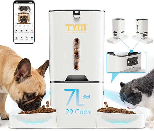 TYM Automatic Cat Feeder with 2 Camera for 2 Cats,7L Dog Automatic Feeder with Night Vision 2K 4MP 5G WiFi Dual Cat Feeder with Smart App Two-Way Audio Privacy Masking-Stainless Steel