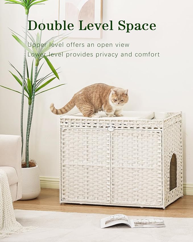 Cat Litter Box Enclosure Furniture, Handwoven Rattan Hidden Litter Box with Mat, Large Space Cat House with 2 S-Shaped Hooks 30.3 x 18.3 x 24.4 Inches, Indoor for Living Room Apartment White