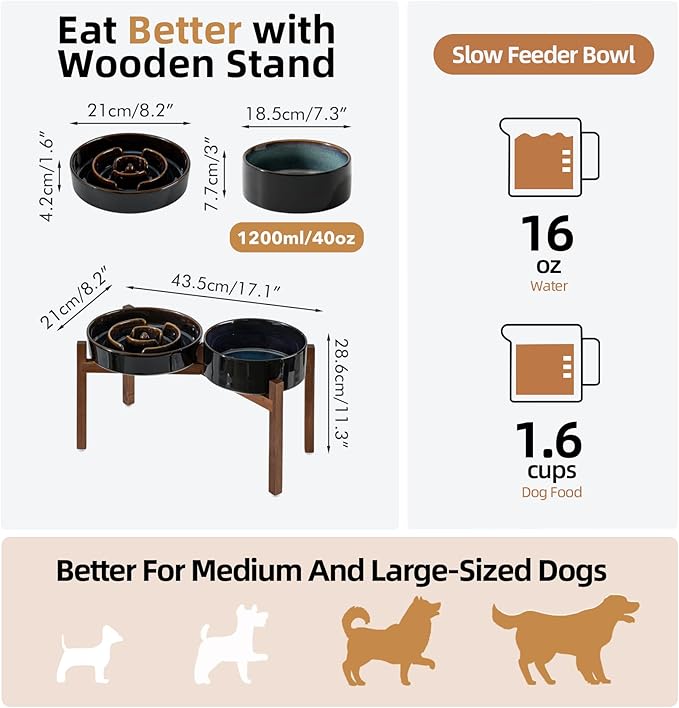 Ceramic 1.6 Cup Raised Slow Feeder Dog Bowl Set, Elevated 7.3inch Bowl and 8.2inch Dish with Acacia Wood Stand for Medium and Large Dog(2 x Starry Sky+ Stand)