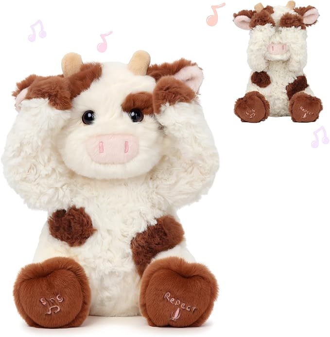 Hopearl Peek A Boo Cow Interactive Repeats What You Say Plush Diary Cattle Toy Musical Singing Talking Stuffed Animal Adorable Electric Animate Gift for Toddlers, Brown, 11''