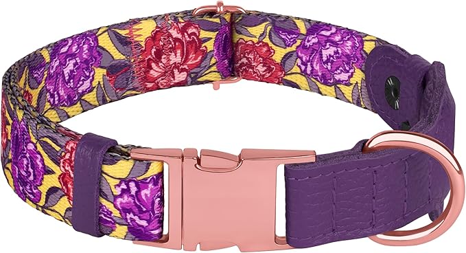 AirTag Dog Collar for Small Medium Large Breed - Adjustable Cute Pattern Dog Collar with Airtag Holder - Soft Leather Tracker GPS Apple Air Tag Pet Collars (Small, 12"-15" Neck Fit, Peonies)