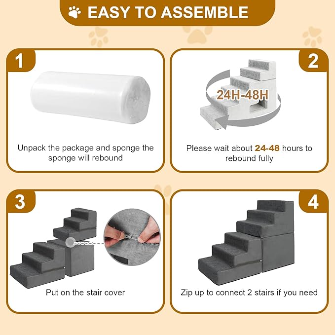 Dog Stairs for Small Dogs, 6-Step Dog Steps for High Bed, High-Density Foam Pet Stairs with Non-Slip Removable Washable Cover to Get on Bed