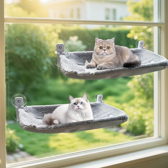 Homegroove 2 Pack Cat Window Perch, 24 x 12 Inch Foldable Cat Hammock for Window with Sturdy Metal Frame, Cordless Window Bed for Resting Seat for Indoor Cats (Grey-with Star Pattern, 24 x 12 Inch)