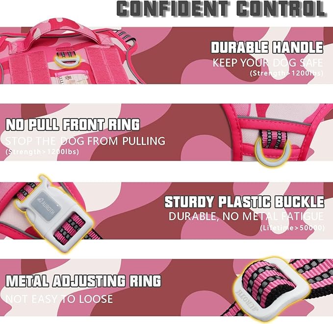 Auroth Tactical Dog Harness for Small Medium Large Dogs No Pull Adjustable Pet Harness Reflective K9 Working Training Easy Control Pet Vest Military Service Dog Harnesses Small, Pink Camo