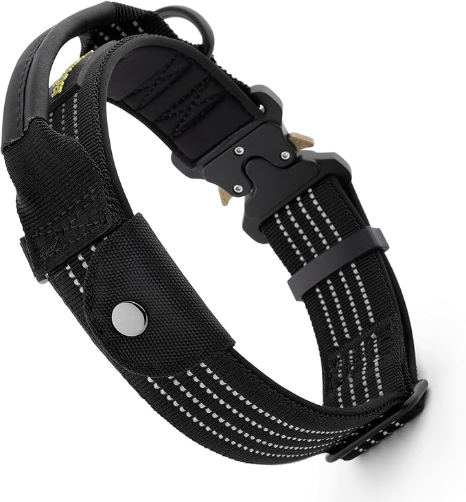 Plutus Pet Tactical Dog Collar with Tracker Packet for AirTag, Adjustable Reflective Nylon Collar, Metal Buckle, Leather-Wrapped Handle, Soft Padded for Medium Large Dogs (Black, L)