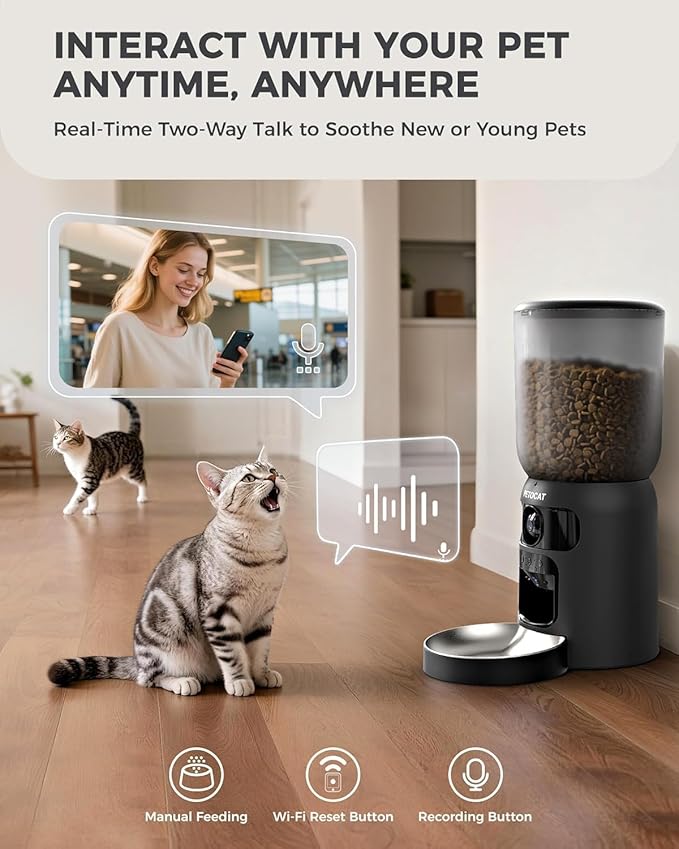 AI Automatic Cat Feeder with 2K HD Dual Cameras,5G&2.4G Wi-Fi 6L Programmable Cat Food Dispenser with Cats Recognition& Diet Tracking, Laser Interactive Toy & Two-Way Audio