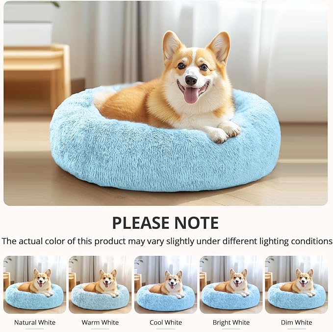 JOLLYVOGUE Calming Small Dog & Cat Bed for Indoor Cats - 20 inches Washable Donut Bed for Kittens & Puppies, Anti-Anxiety Round Fluffy Plush Pet Beds (Fits up to 15 lbs, Light Blue)