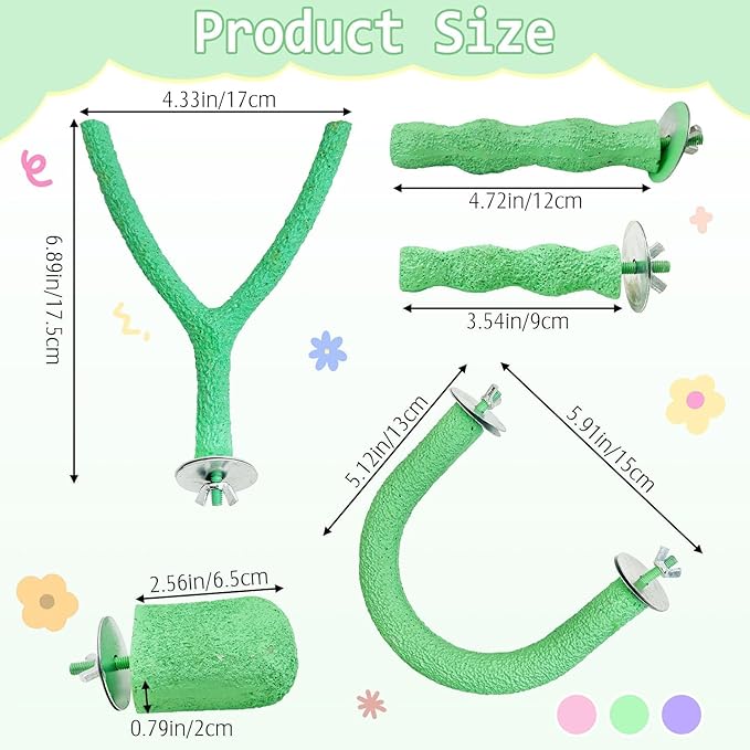 PINVNBY 5 Pack Bird Perch Resin Bird Beak Grinding Stone Parrot Cage Stand Platform Foot Claws Trimmer Chew Toy Cage Accessories for Budgie Cockatiel Conure Lovebird Finch (Green)