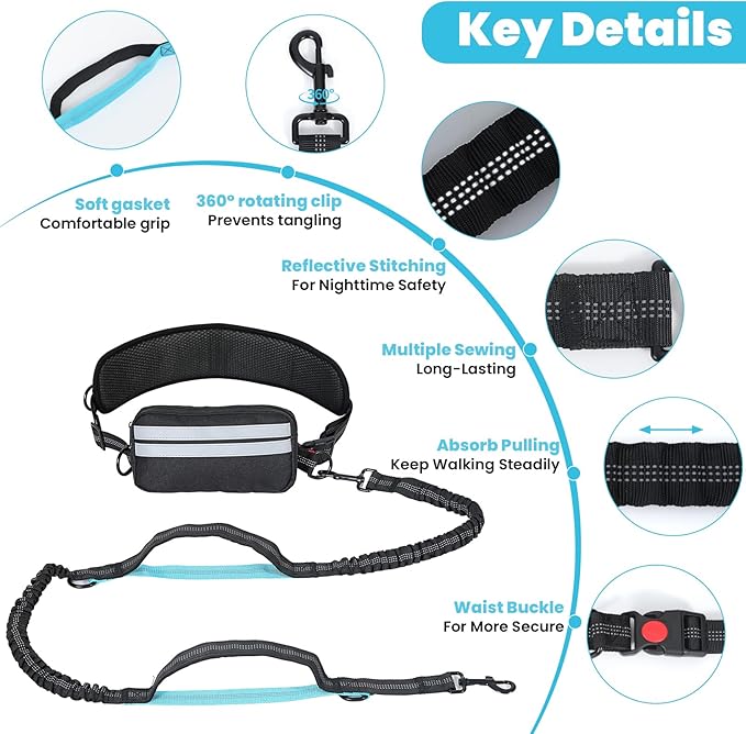 Hand Free Dog Leash with Pouch, Dog Leash for 2 Dogs with Dual Handles Retractable Dogs Walking Belt for Running Walking Jogging Pet Belt