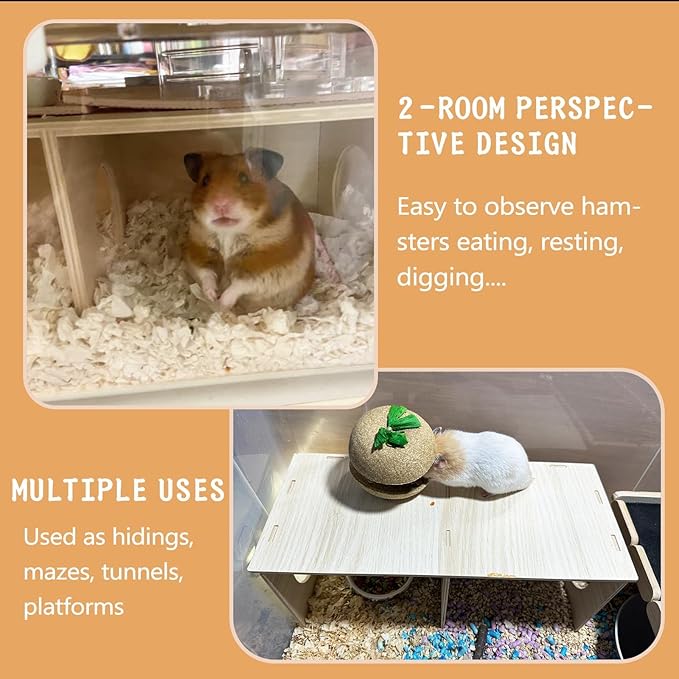 Hamiledyi Wooden Hamsters 2-Chamber Hideout-Tunnel Multi Chamber Exploring Toy Hamster Exploring Tunnel Toy for Hamsters Mice (L)