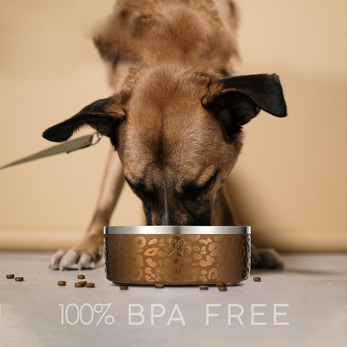 64 OZ Dog Bowl with Slow Feeder Insert Stainless Steel Pet Water Bowl for Medium & Large Breed Non Slip Rubber Base & Plastic Puzzle Feeder - Gold Leopard