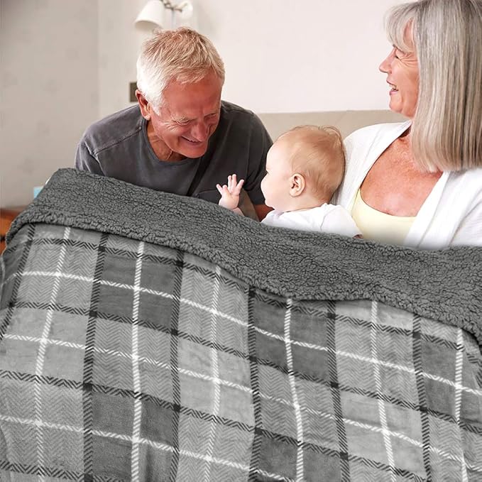 PAVILIA Waterproof Blanket for Couch, Sofa | Waterproof Dog Blanket for Large Dog, Puppy, Cat | Pet Blanket Protector | Plush Soft Warm Fuzzy Sherpa Blanket Bed Throw, Plaid Light Grey, 60x80