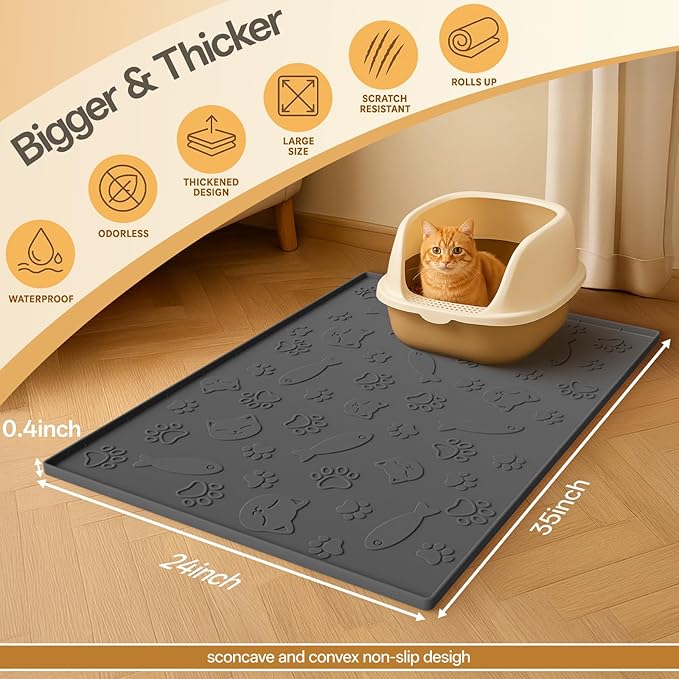 Cat Litter Mat for Litter Box,Large 35" X 24" Silicone Cat Litter Trapping Mat,Urine-Proof & Waterproof Kitty Litter Mats for Floor,Grey