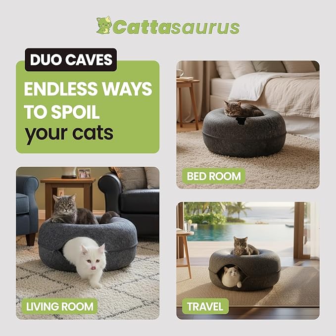 Cattasaurus Peekaboo Cat Cave Donut for Multiple & Large Cats up to 30-45 lbs, 3-in-1 Self Warming Cat Bed, Tunnel & Scratcher for Indoor Cats, Washable & Detachable (Dark Gray + Dark Gray, Large)