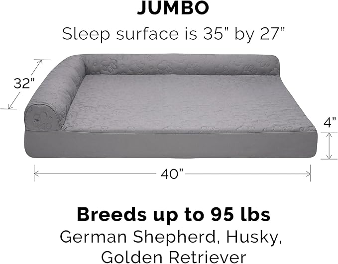 Furhaven Orthopedic Dog Bed for Large Dogs w/ Removable Bolsters & Washable Cover, For Dogs Up to 95 lbs - Pinsonic Quilted Paw L Shaped Chaise - Titanium, Jumbo/XL