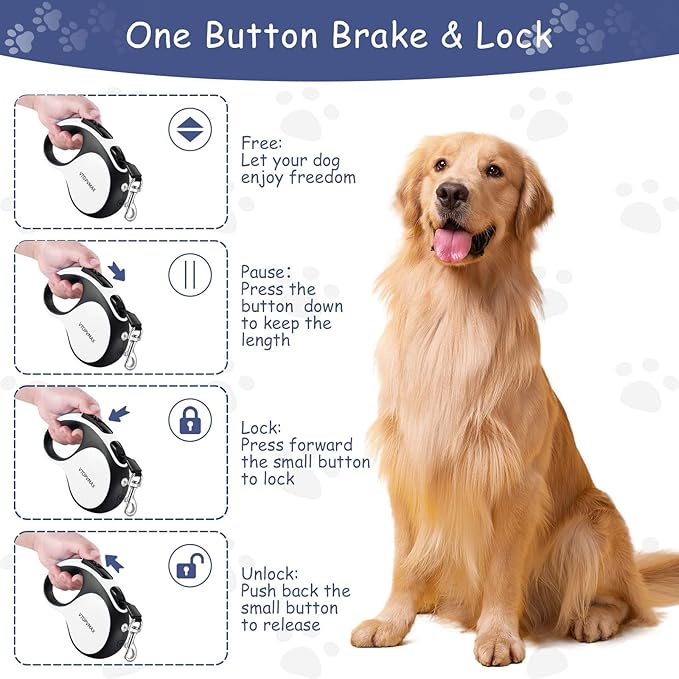 16Ft Retractable Dog Leash - for Small to Medium Dogs Up to 66lbs, Heavy Duty Retractable Leash with Light Rechargeable, Quick Lock Braking & Non-Slip Handle (White)