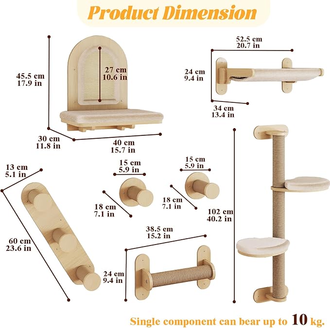 BYBYME 7Pcs Cat Wall Shelves, Solid Wood Indoor Cat Tree, Multi-Levels, Sturdy Wooden Wall Mounted Climbing Frames with Scratching Posts, Kitten Platform and Bed（Natural Wood）