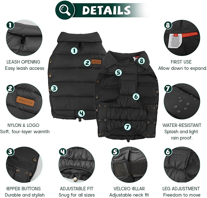 SPACE LION Dog Puffer Jacket, Down Winter Coat, Durable Outdoor Coat for Cold and Windy Conditions, Lightweight & Adjustable Fit Coats for Large Dogs,(Black, Size24/2XL)